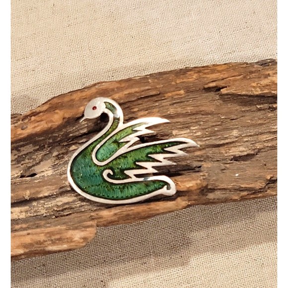 Vintage 925 Sterling Silver Inlay Swan Brooch Artist Signed JS Taxco Mexico MCM - Picture 1 of 8